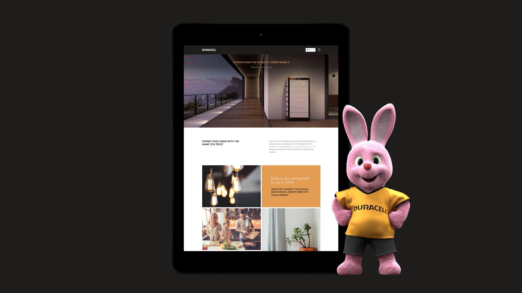 Duracell Bunny stood in front of an iPad showing the Duracell web site design by bluestone98, Top WordPress Agencies London